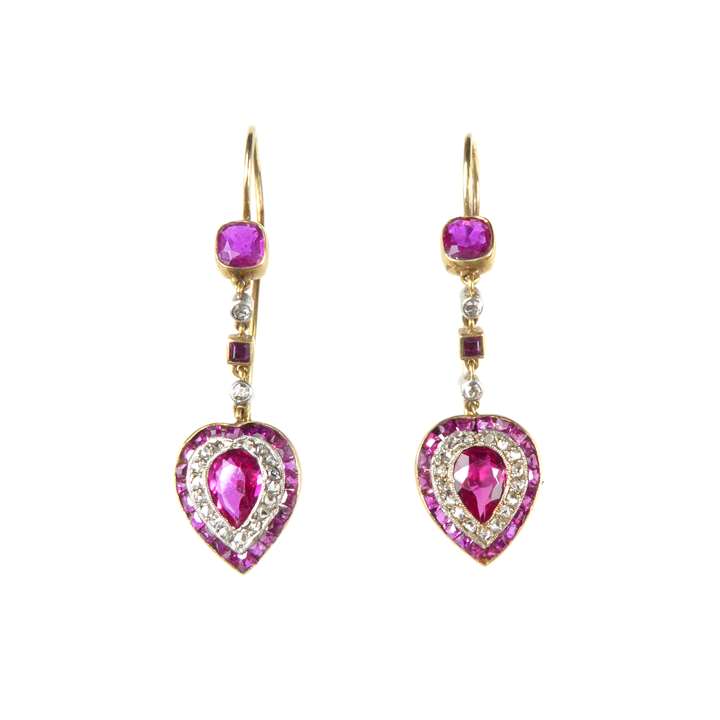 Pair of ruby and diamond heart cluster earrings